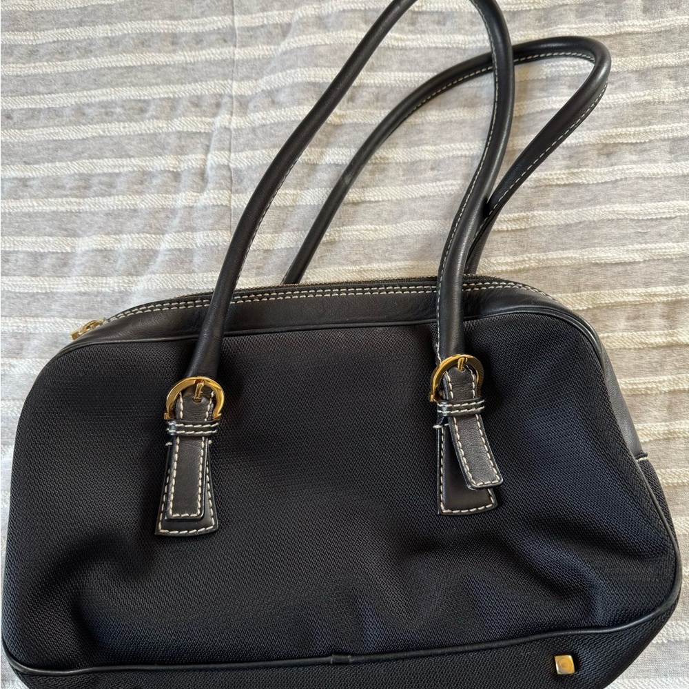 Ferragamo black purse with gold buckles and lock